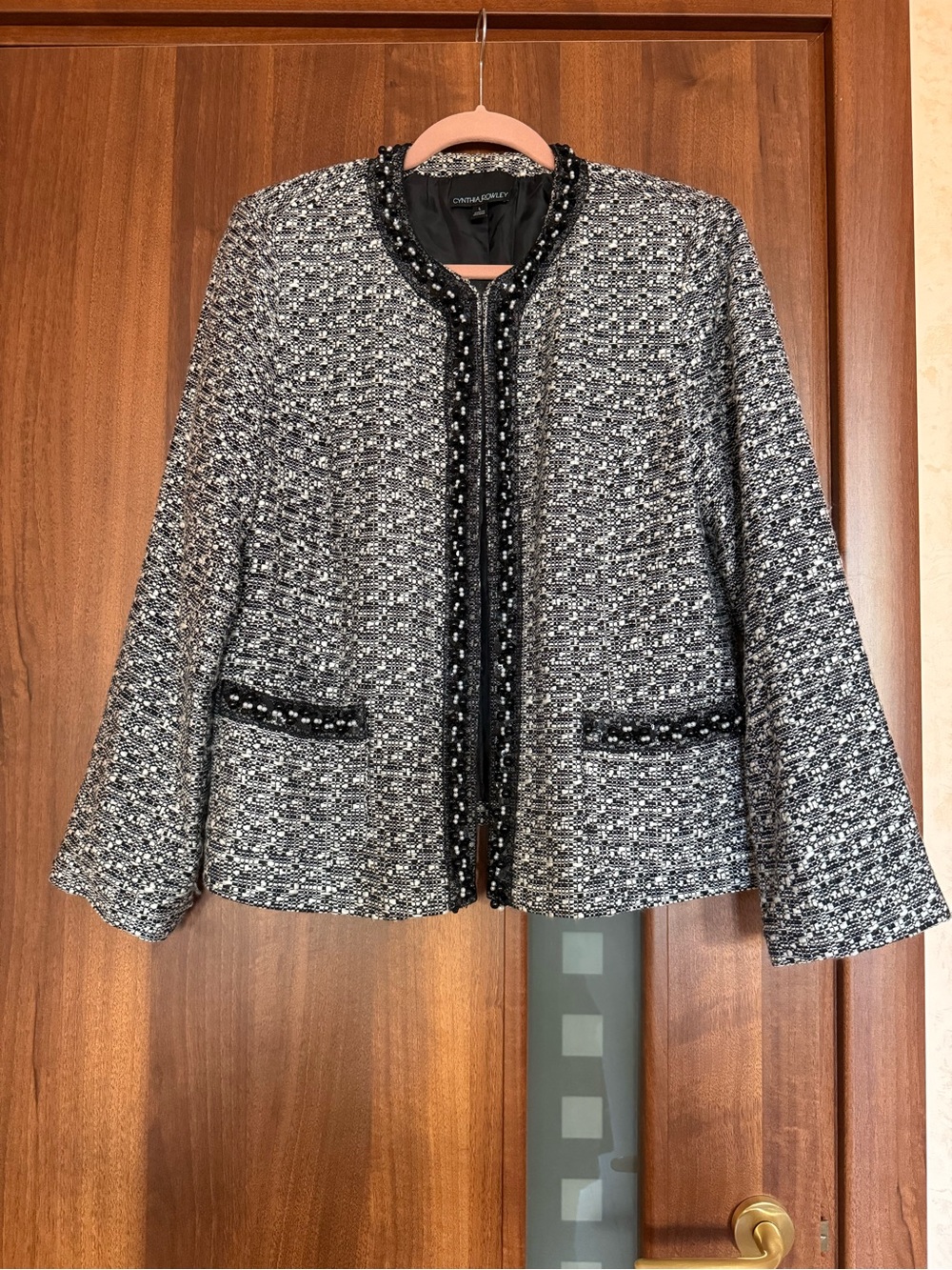 Cynthia Rowley Black White Tweed Knit Jacket Beaded Sequin Embellished Size L